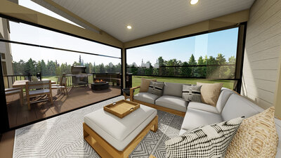 Photorealistic 3D rendering of a 3-season porch and deck with Nordic Sol sliding glass panels and tongue-and-groove ceiling with recessed lights. 