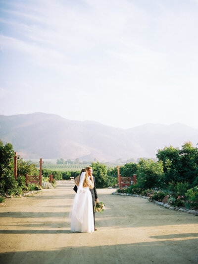 Beautiful winery wedding with bride and groom looking into the sun.