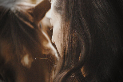 Close up of woman and horse face to face and connecting deeply. 