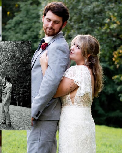 a catholic couple poses for a portrait at camp marymount after their tennessee catholic wedding Mass
