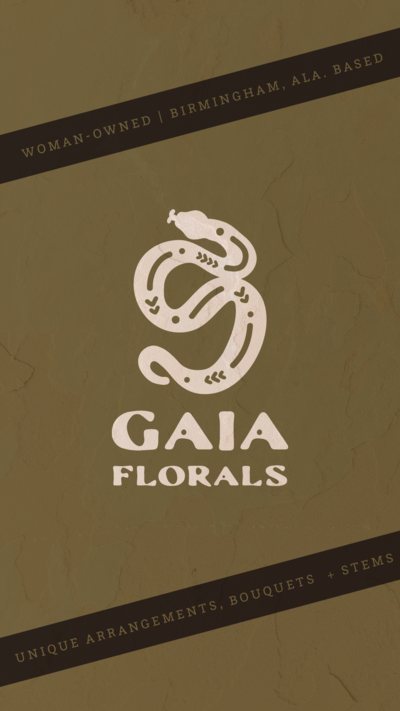 Gaia Florals logo with snake illustration on green textured background with black tagline banners