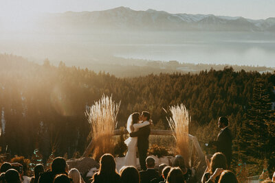 bride and groom looking into distance