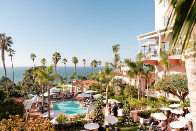 Ceremony photo of wedding at the iconic La Valencia Hotel. 