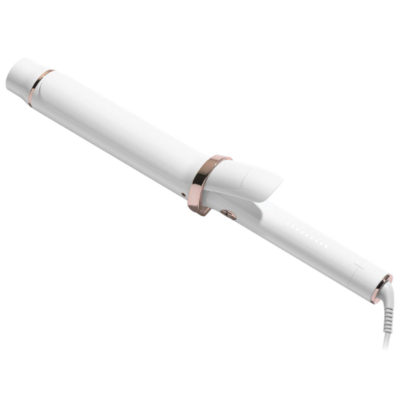 A sleek white and rose gold T3 SinglePass curling iron with a 1.25-inch barrel. Known for even heat distribution and fast styling, it features a modern, minimalist design with a clamp.