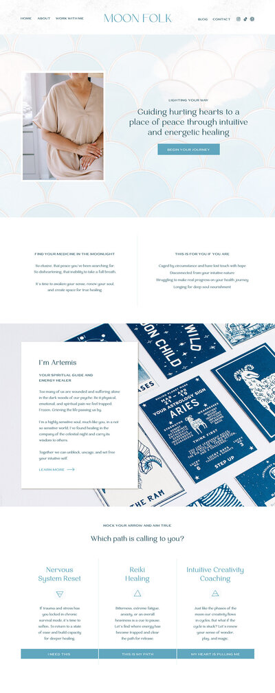 Artisan Kind Showit website template customized with a blue color palette