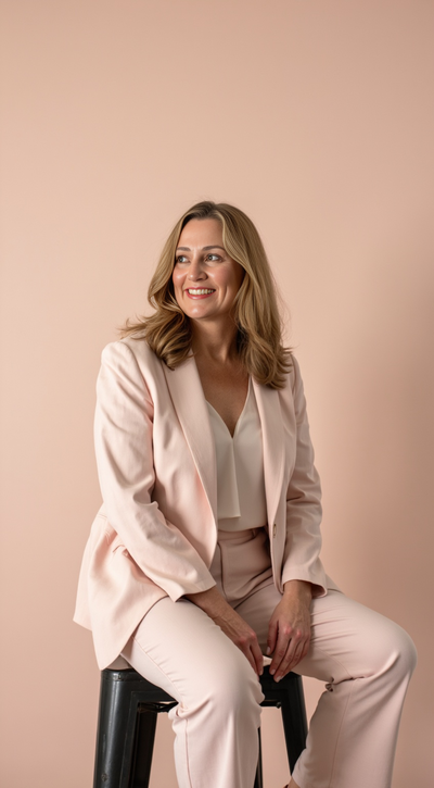 An image of Jenn Cloutier smiling and looking out yonder in a pale pink suit.