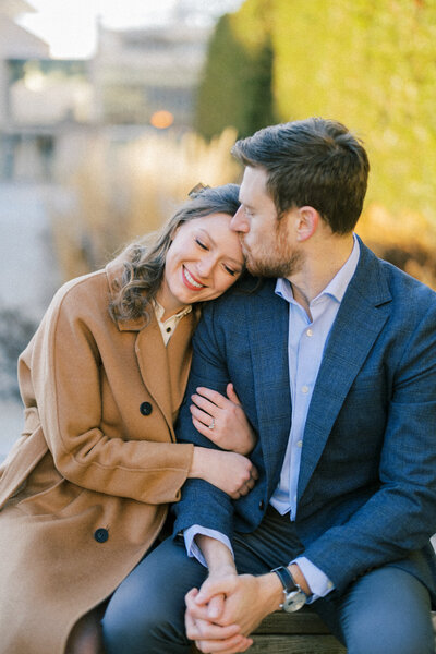 A winter engagement portrait taken in Chicago's Lurie Garden