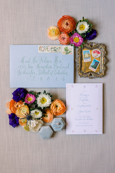 Light and airy wedding invitation suite with custom calligraphy