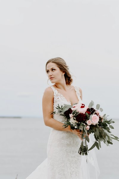 Bride and groom walk up memorial steps at their DC wedding
