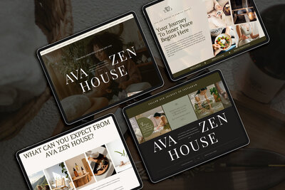 Laptop displaying Ava Zen wellness website mockup resting on a tan sofa, showcasing holistic branding for wellness entrepreneurs.