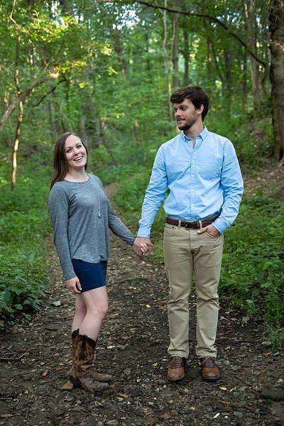 Engagement session on tree-lined path in Pittsburgh, PA