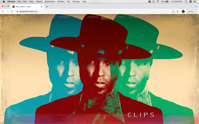 Musician branding website video page design example Jeau James wearing black hat with blazer close up image in three different colors layered behind each other Package B