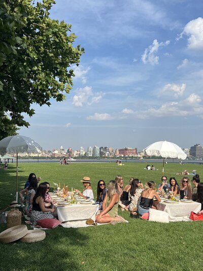 Luxury picnic setup with pastel cushions, styled tables, and skyline views of New York City, designed by Yours Truly, a wedding planner and designer in New Jersey.