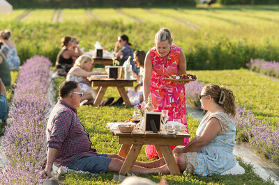A female server in a floral dress placing charcuterie on the guest table during a fundraiser in a lavender field.  Captured by Ottawa Event Photographer JEMMAN Photography COMMERCIAL