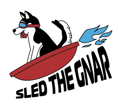 design of a husky dog wearing goggles in a sled with the words Sled the Gnar underneath it