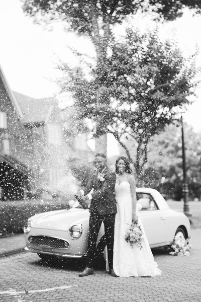 Black and white photo of couple gazing romantically at each other