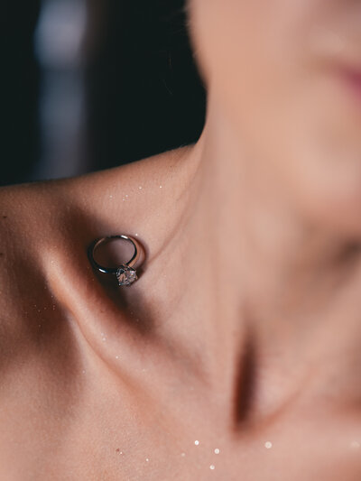 Close-up macro photo showing a wedding ring on skin with shallow depth of field.