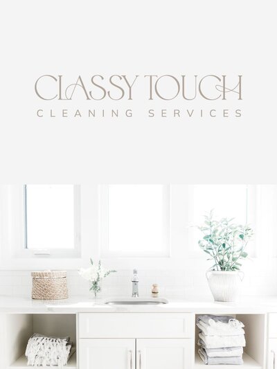 Classy Touch Cleaning Services logo in soft taupe displayed above a pristine white sink setup featuring natural baskets, flowers, and folded towels—conveying freshness and simplicity.