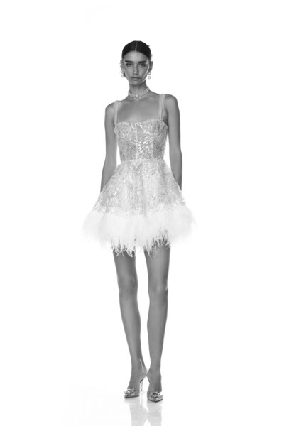 black and white image bride wearing strapless lace wedding dress
