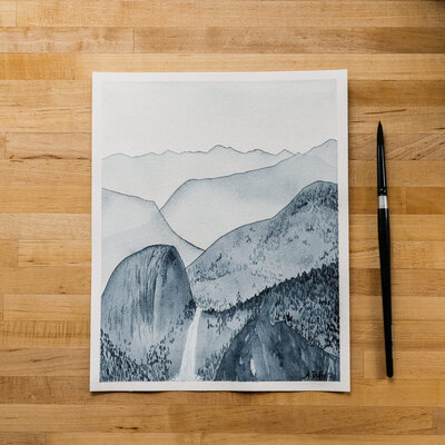 Watercolor painting of a mountain landscape in Yosemite National Park by Amy Duffy
