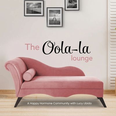 The oolala lounge cover image with pink chaise lounger and three black and white framed photos behind on the wall