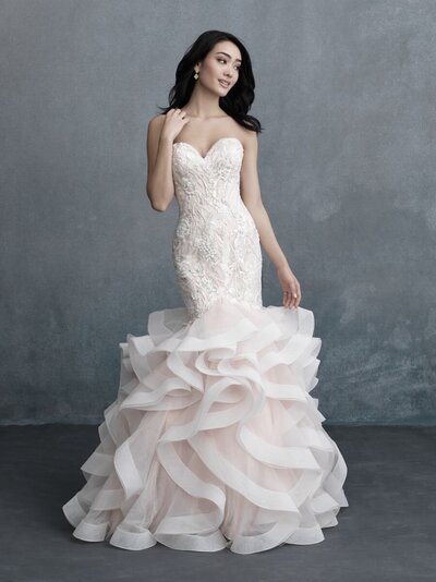 Gorgeous ruffles and lace combine in this classically beautiful bridal look.