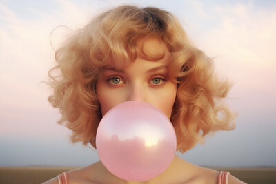 Jeune femme blonde coiffure vintage faisant une énorme bulle avec du chewing-gum rose. Couleurs pastels.