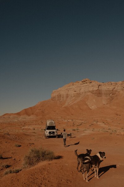 authentic outdoor moment of photographer and husband camping with their dogs in Moab with scenic desert views