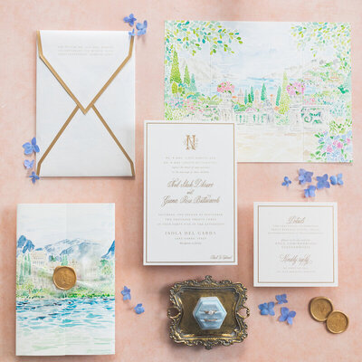 Gold ink custom calligraphy invitation and envelope for wedding