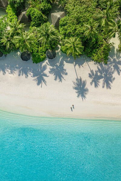 Aerial view of a tropical beach with turquoise water, white sand, and palm trees casting long shadows.