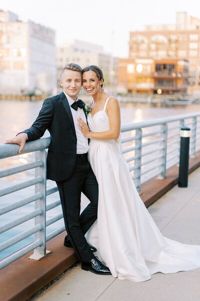 Bride and groom walk up memorial steps at their DC wedding