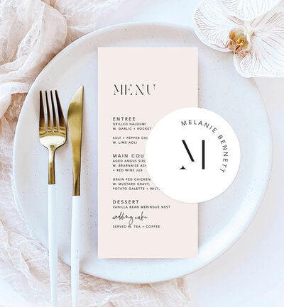 Arch menu and wave place card in big love design, neutral colours