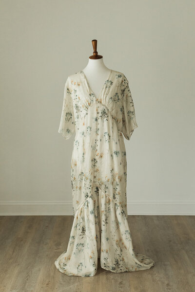 Light sage green dress with darker green floral pattern