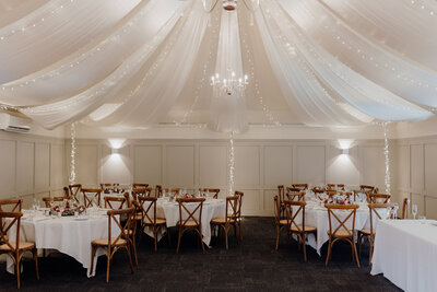 The indoor ceremony location, dressed for a wedding