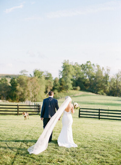 Bride and Groom Walking Away From Camera Holding Hands Photo