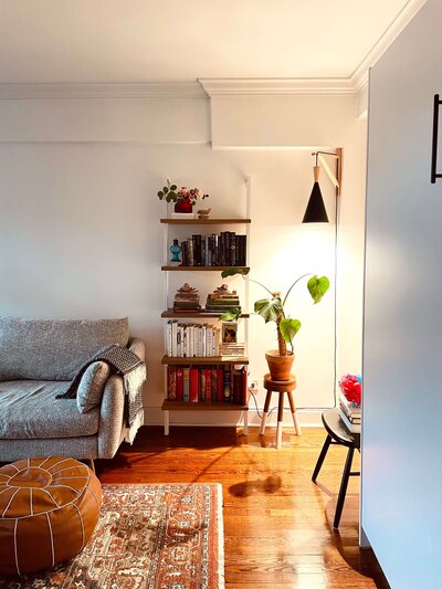 Murphy bed in living room, shared living area in one bedroom apartment