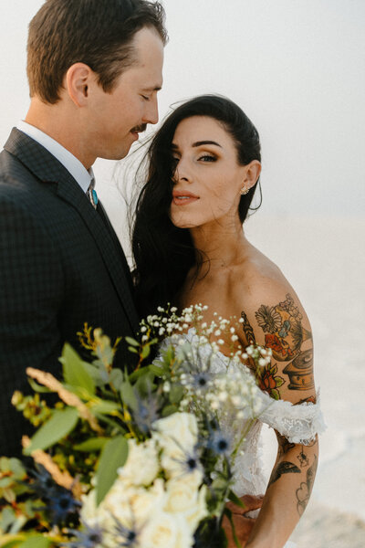 Bride and groom portraits during their bonneville salt flats elopement.