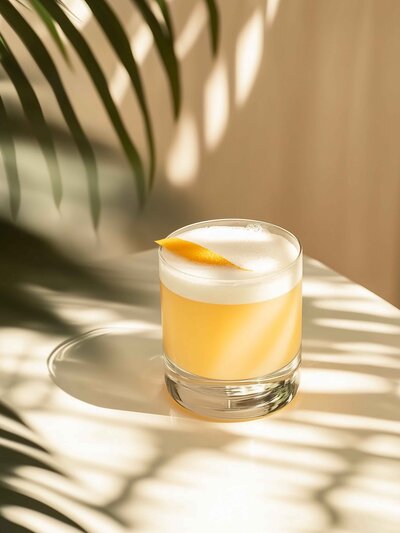 A fresh cocktail sits atop a table with palm tree shadows in the sunshine