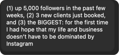Screenshots showing client success stories from Jenna Harding’s marketing programs