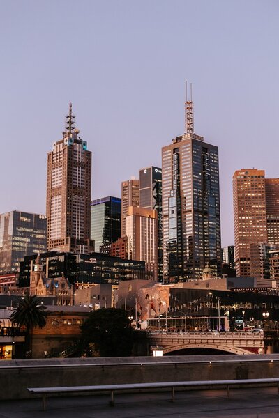 The Melbourne City Skyline at dusk.
