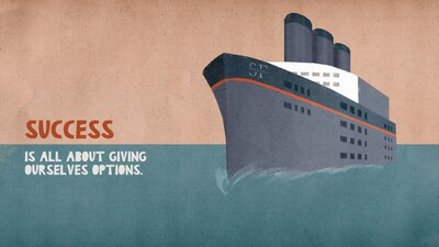 This custom illustrated financial presentation shows a ship sailing the sea with  a storybook aesthetic.
