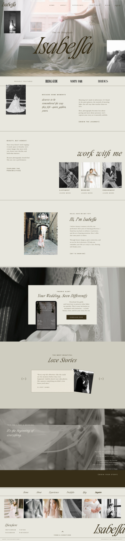 Romantic Showit website template for fine art wedding photographers featuring soft editorial layout, elegant typography, and timeless design elements.