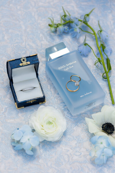 Blue themed wedding details photo at Alabama wedding