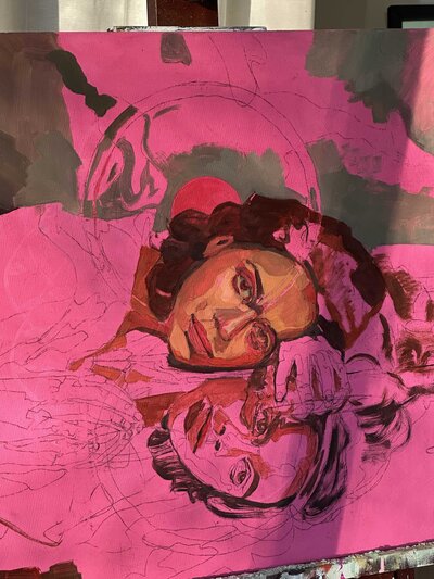 Close up neon pink figure woman painting by artist Kristin McGraw from Kristin McGraw Studio work in progress 