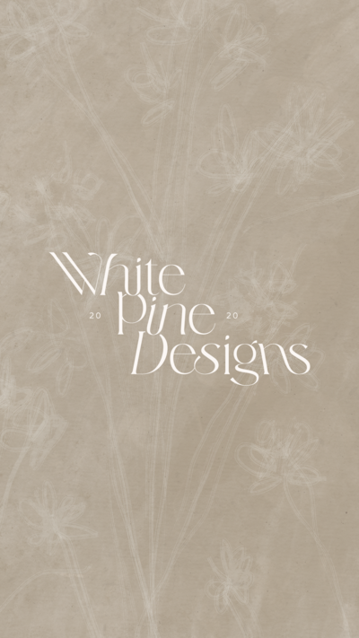 White Pine Designs logo on a tan floral texture background