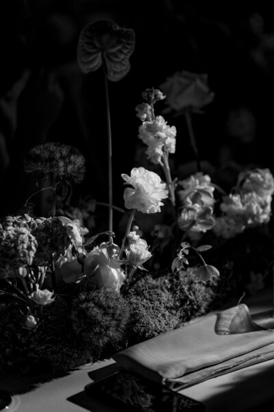 black and white photo of wedding florals