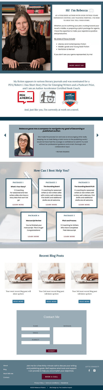 ipad mockup of Rebecca's homepage with a picture of rebecca smiling and small icons of credentials pen america, author accelaerator certified book coach fiction