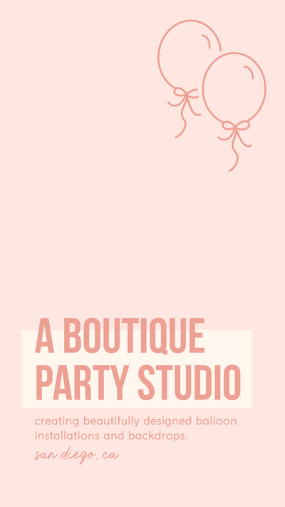 Gather & Pop boutique party studio graphic with tagline and balloon icons on a pink background