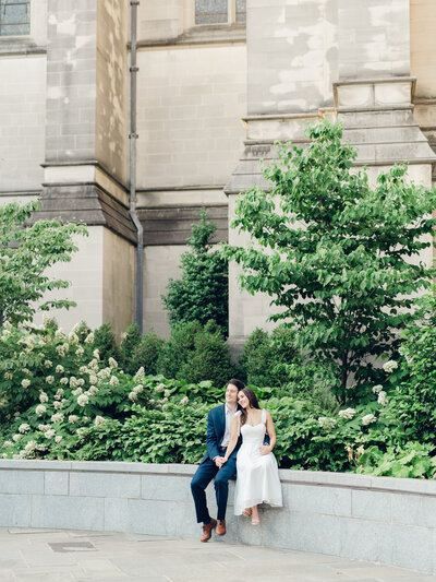 Couple sitting in front of venue taken by wedding photographer washington dc, Nicole Simensky