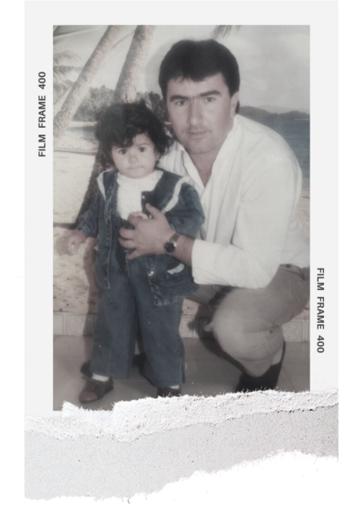 Retro image of CFO Admira Adovic as a young child alongside her father in Montenegro